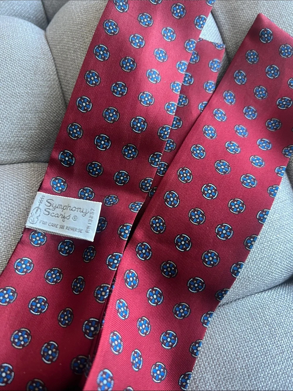 Symphony Burgundy Silk Scarf with Blue Medallion Print